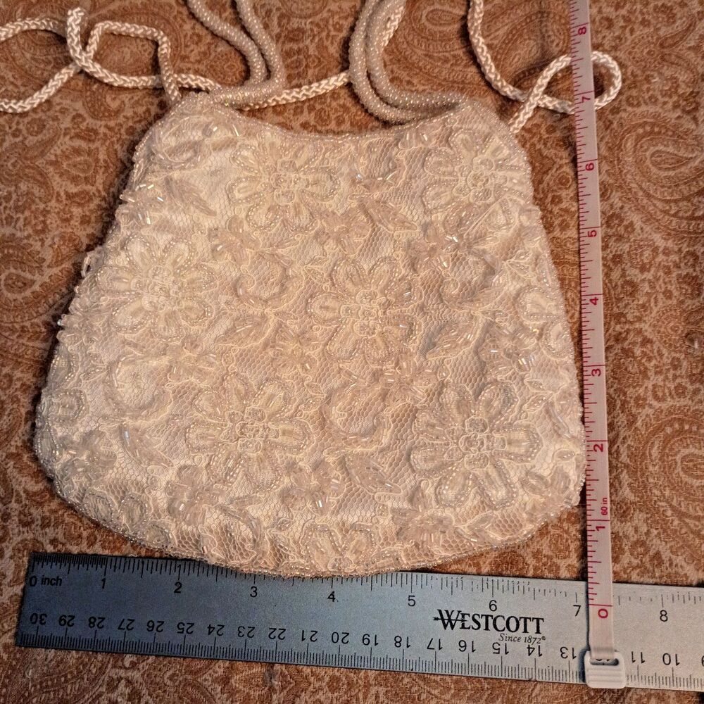 VTG La Regale White Beaded Evening Bag Bridal Purse Floral Lace Crochet